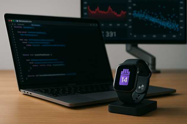 Developer workstation with Xcode showing Swift code for an Apple Watch app, HealthKit data charts in the background.