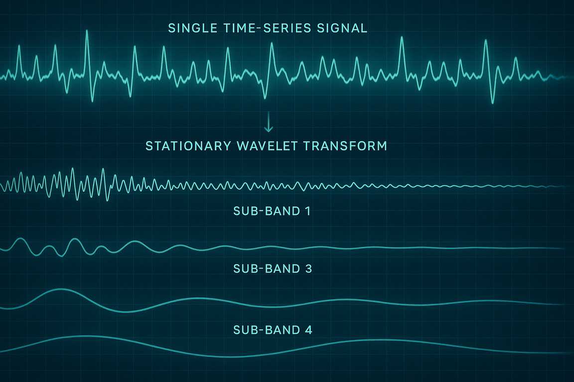 Abstract visualization of a physiological signal being decomposed by Stationary Wavelet Transform into multiple frequency bands.
